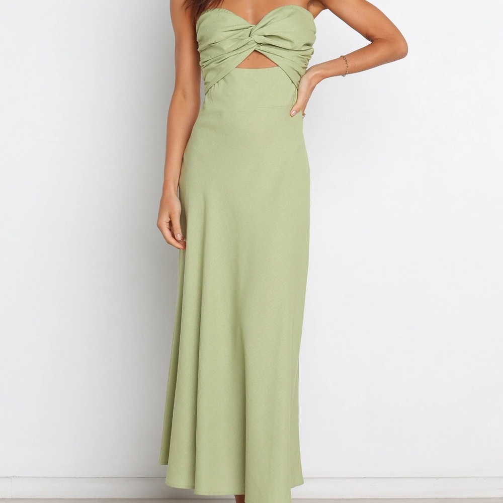 Petal & Pup Strapless Light Green Twist-Front Maxi Dress
